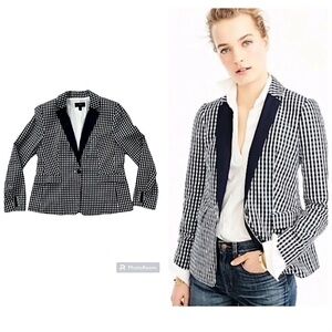 J.Crew $188 Puckered Gingham Blazer Navy Lapel Sz 14 Navy White Jacket G2016